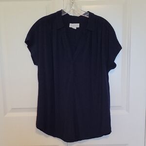 Velvet By Graham And Spencer Women's Navy Short Sleeve V-Neck Top